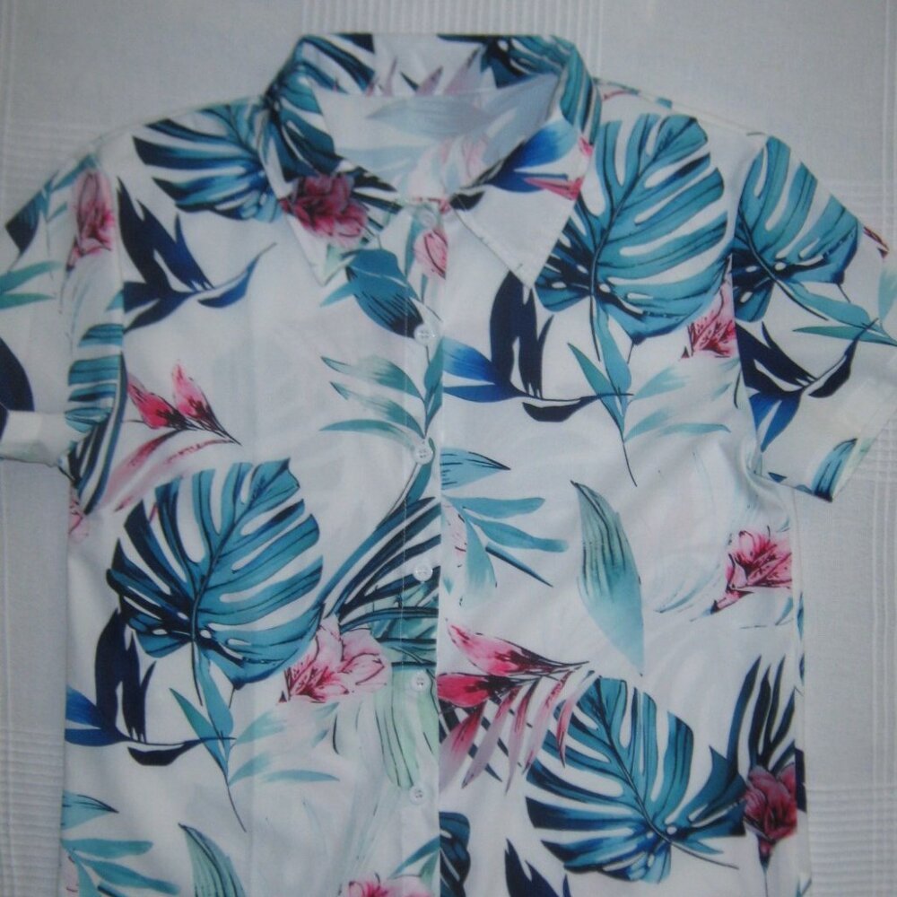 Womens Camp Hawaiian Shirt Button Down Aloha Top Tropical Teal Blue Pink SMALL